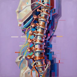 a beautiful glitched abstract geometric painting by robert proch and robert heindel of an anatomy study of a mechanical nervous system on spinal structure, color bleeding, pixel sorting, copper oxide and rust materials, brushstrokes by jeremy mann, cold top lighting, pastel purple background