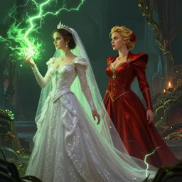 a beautiful and detailed illustration of a lesbian wedding between emma watson as an evil pyromancer and scarlet johansson as a red mage, in the style of magic the gathering, sci fi and fantasy, viewed in profile from far away, crackling green lightning, ultrawide lens, art by artgerm and greg rutkowski and alphonse mucha, volumetric lighting, octane render, 4 k resolution, trending on artstation, masterpiece