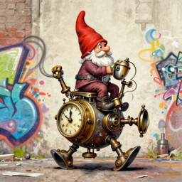 Graffiti Spraypaint A gnome gnome riding a steampunk automaton clockwork golem golem jim lambie norman rockwell greg rutkowski alberto sughi elina brotherus robert rauschenberg tombow