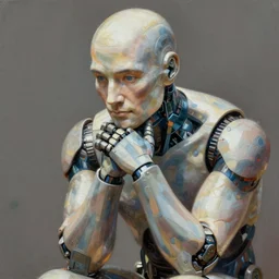 the thinker as an i robot, close - up portrait, intricate, elegant, volumetric lighting, scenery, digital painting, highly detailed, artstation, sharp focus, illustration, concept art, luis rollo, ruan jia, steve mccurry, john berkey