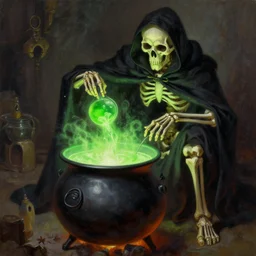A highly detailed oil painting by Greg Rutkowski and Afremov of a skeleton wearing a black cloak making a potion glowing bright green in a huge bubbling cauldron.