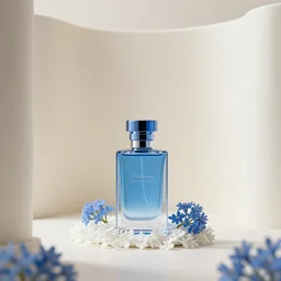blue perfume standing in white enchanted sprarse blue flowers, in an ivory room well contoured smooth fair walls, up close shot, sharp focus, zen, clean, modern minimalist, zaha hadid octane highly render, 4 k, ultra hd,