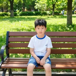 A photograph of a boy sitting on a bench in a park on a sunny summer day
