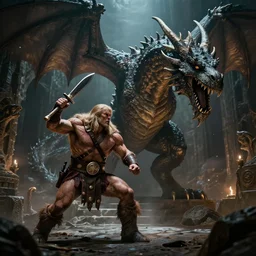 28mm Photo of conan the Barbarian, fighting a giant dragon in a dungeon, in the style of greg rutkowski, concept art, rim lighting, dark souls, unreal, ray tracing