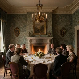 the inside of a feywild mansion, with several people sitting around a long dinner table, in front of a fireplace, muted wallpaper, dungeons and dragons, 4 k, highly detailed