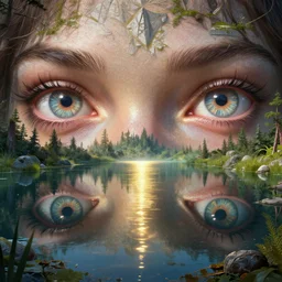 highly detailed point of disappearance of the eyes, lake in russia, unreal engine, chrome reflect, greg rutkovsky's fantasy art, global lighting, shining light, detailed and complex environment