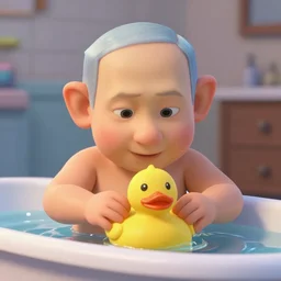 bibi netanyahu in the bathtub playing with a rubber duck, pixar