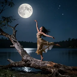 A gorgeous woman dancing on a fallen tree in the moon light during the night, next to a lake with the reflection of the stars in it. Photorealistic render 8k