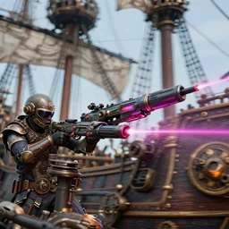 action photography of high technology laser guns mounted on a pirate ship, steampunk, fast shutter speed, high speed, action photo, 1/1000 sec shutter
