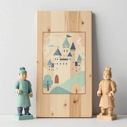 wooden chinese warriors, wooden board, manuscript, chateau, nordic pastel colors, perfect lightning