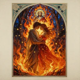 ultra realist breathtaking detailed soft painting of 2 lovers embracing each other, in a shroud of fire and a dress of fireflies, symmetrical, christian saint in the middle of a stained glass of flames, thin intricate art nouveau frame, by Tom Bagshaw, wlop, trending on artstation