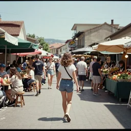 video footage of a woman walking on the market district, summer, vie from behind, 1 9 9 0.