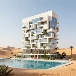 a modern hotel made of rectangle tetris, in the desert & oasis, glass and plants, octane render, trending on artstation