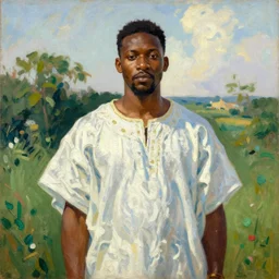 portrait of king of dahomey outdoors dressed in airy clothing, 1905, brightly coloured oil on canvas, by ilya repin