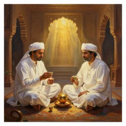 baithak and chai, painting by salman toor, global illumination, radiant light, intricate environment