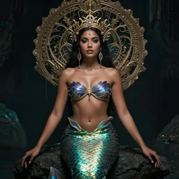 portrait of mermaid queen, zoom, rule of thirds, atmosphere, intricate, regal, latinas, ( brown skin ), symmetrical!!, loreal, maybelline, sephora, loreal, artstation, art by karol bak ( ( cinematic ) ), concept art, filmic, vsco