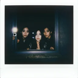 grainy polaroid photo of dark scary wide eyed faces looking in the window at night lit by camera flash