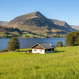 A house in the middle of the field with a lake and a mountain landscape, Realistic, HDR, Clear Image