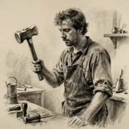 film scene, charcoal sketch of charlie day, a blacksmith holding a hammer, jeff haines