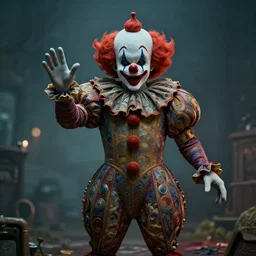 Giant Clown from the movie IT on a dusky land, artistic pose, cinematic shot, intricate, ornate, photorealistic, ultra detailed, realistic, 100mm, photography, octane, high definition, depth of field, bokeh, 8k, artstation
