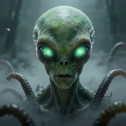 alien with long forehead. green semitransparant cloudy lightly glowing eyes. high quality photorealistic octane render 4 k, hyperrealism, volumetric fog, scary, unnerving, serious, dark, fear, concept art of chris foss, trending on artstation, cgstation, symmetric, horror, gigantic kaiju, worms - eye - view