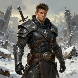 A comic book style portrait painting of a male modern warrior in a a post apocalyptic winter landscape, unreal 5, DAZ, hyperrealistic, octane render, RPG portrait, ambient light, dynamic lighting