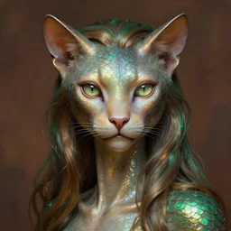 detailed portrait in femininity, regal alien, feline, realistic face sculpted features, specular eyes, statuesque model, opalescent skin, silky hair, warm glow, subsurface scattering, wet reflections, chiaroscuro, shimmering scales, biomorphic, organic impressionism, dappled backdrop, burnt sienna and emerald color, painterly octane render