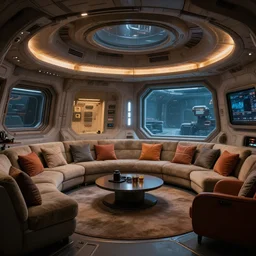 cozy spaceship engine living room, mass effect, interior set design photograph by denis villeneuve 2 0 4 9