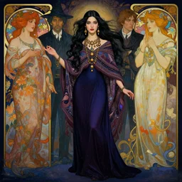pulp art, gorgeous long black hair girl at witch ritual, wooden jewerly, elegant, boho poncho and long maxi dress, winter, dark mood, vibrant, smooth, by ilya kuvshinov, craig mullins, edgar maxence, alphonse mucha, artgerm, sakimichan,