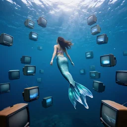 underwater photography of mermaid swimming towards thousands of crt televisions floating in the water.