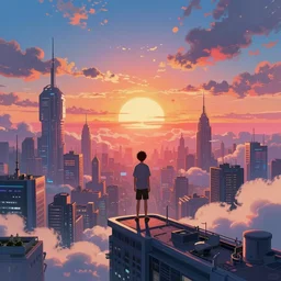 a boy on top of a building watching a colorful sunrise futuristic city surrounded by clouds, cyberpunk art by yoshitaka amano and alena aenami, cg society contest winner, retrofuturism, matte painting, landscape, cityscape
