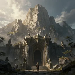 a beautiful hyper realistic detailed matte painting of the entrance to a dungeon of the gods at the base of an ancient mountain, dramatic lighting, dynamic lighting, cinematic lighting, lit by morning light, by raphael lacoste and john howe and andreas rocha, unreal engine, featured on artstation, ultrawide angle, f 8, polarizer filter : 1 0