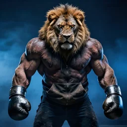 high detail cinematic photograph portrait , epic pose mutant powerlifter muscular oversized mutant angry lion with big eyes is wearing dirty hoodie and metal boxing gloves, very dramatic dark studio blue backlight and fog