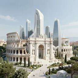 utopian city made out of glistening, white marble, nature, fusion between historical and modern futuristic architecture, rome, vegetation, 4k, digital art