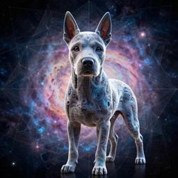 symmetric! portrait of a cyborg dog, fractal textured fur, subtle glow, intricate detailed, background geometric mosaic of outer space nebula, luminescent digital art by paul barson and artgerm, 8 k hdr