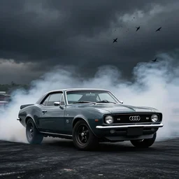 audi camaro b 1 ( 1 9 6 9 ) drifting, phonk music background, smoke behind wheels, noise, dark, establishing shot, crow swarm