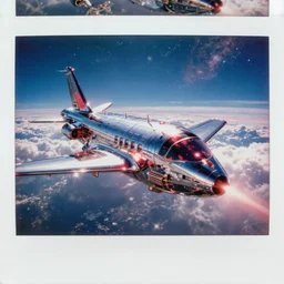analog polaroid portrait of a chrome spaceship schematic, Hajime Sorayama, sheen, red reflections, unreal engine, azure sky, big clouds visible, sunlight, reflection, sparkles, space, stars, nebula, lensflare, film grain, depth of field, color bleed