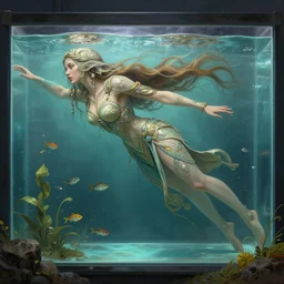 a full body portrait of a beautiful post apocalyptic offworld neoicelandic biofarmer swimming by the fish tank, intricate, elegant, highly detailed, digital painting, artstation, concept art, smooth, sharp focus, illustration, art by krenz cushart and artem demura and alphonse mucha