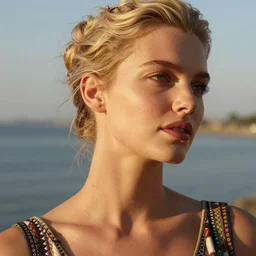 vintage photograph of an olive skinned blonde female model in her twenties, her hair pinned up, wearing a designer top, looking content, focused on her neck, photo realistic, extreme detail skin, natural beauty, no filter, slr, golden hour, 8 k, high definition, selfie