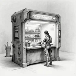 sadie sink as a miner inside a minimalist steampunk automated kiosk with food options to choose from. small room. wide angle lens. black and white, pencil and ink. scifi cyberpunk. by gabriel hardman, joe alves, chris bonura. cinematic atmosphere, detailed and intricate, perfect anatomy
