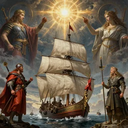 vikings sailing a longship, by Rolf Armstrong and Evelyn De Morgan and Bastien Lecouffe-Deharme, dramatic lighting, high contrast colors, baroque, empyrean, panoramic view, as trending on Artstation, highly detailed, doom engine,