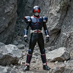 High Fantasy Kamen Rider standing in a rock quarry, single character full body, 4k, glowing eyes in helmet, rock quarry location, daytime, black rubber suit, pvc armor, dark blue with red secondary color armor, biomechanical, ultra realistic, moody colors, ultra realistic, Beautiful Cinematography