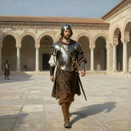 an ancient byzantine palace guard walking through the byzantine courtyard by anders zorn, wonderful, masterpiece by greg rutkowski, beautiful cinematic light, by greg manchess, jessica rossier