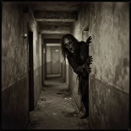 ominous cursed gritty daguerreotype of a poltergeist entity peeking our the corner of an endless narrow derelict apartment hallway maze. arms reaching through the walls. ( 1 9 9 0 ) weirdcore, liminal space, the backrooms, 3 d octane render, wayne barlowe, beksinski