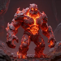 a large, muscular, standing, humanoid, lava rock, magma, fire golem creature, burning eyes, exaggerated perspective, unreal engine, 3 5 mm
