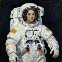 painting of a female astronaut in the style of tamara de lempicka