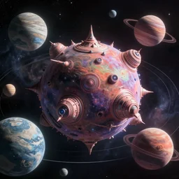 a gargantuan futuristic nidavelir, neutron star,  space color scheme, planets in orbit, matte painting by Vincent Di Fate and Peter Elson, featured in artstation, octane render, cinematic, elegant, intricate, 8k