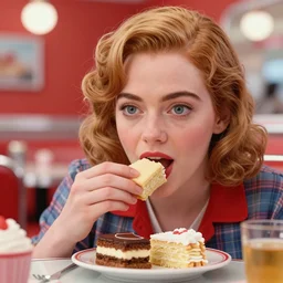 closeup face portrait of a tin toy emma stone eating cakes in a 1 9 5 0 s diner, by nicoletta ceccoli, mark ryden, lostfish, max fleischer, depth of field, detailed and intricate red square environment, 8 k resolution, hyperrealistic, octane render