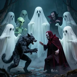 ghosts, aliens, werewolf and vampires fighting all together, photorealistic, hd