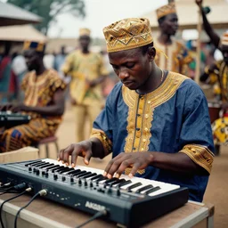 an analogue photo of a Burkina Faso Maquerade playing an Akai MPC 2000XL, 35mm, f/1.4,